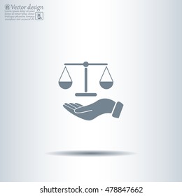 Illustration of a hand holding weighing scale scales of justice