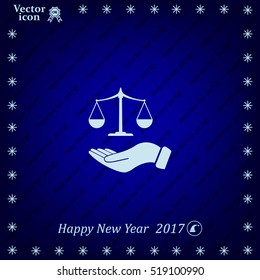 Illustration of a hand holding weighing scale scales of justice