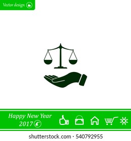 Illustration of a hand holding weighing scale scales of justice