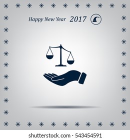 Illustration of a hand holding weighing scale scales of justice