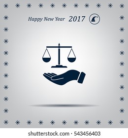 Illustration of a hand holding weighing scale scales of justice