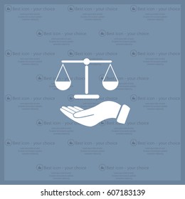 Illustration of a hand holding weighing scale scales of justice