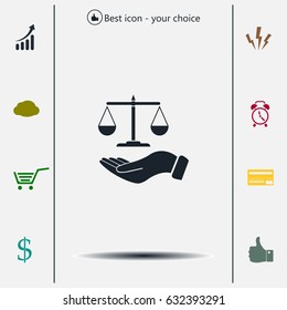 Illustration of a hand holding weighing scale scales of justice