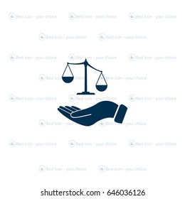 Illustration of a hand holding weighing scale scales of justice