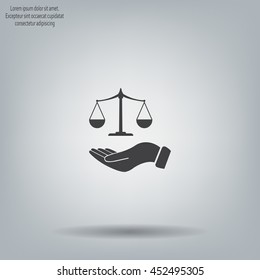 Illustration of a hand holding weighing scales of justice
