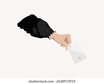 Illustration of a hand holding a white card. The hand is extended, wearing a black, dotted sleeve. The card is blank, emphasizing simplicity and minimalism. Aesthetic vector illustration.