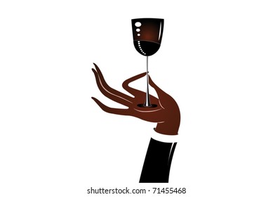 An illustration of a hand holding a wine glass under the white background
