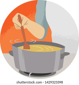 Illustration Of A Hand Holding A Wooden Spoon Stirring Soup. Kitchen Verb Stir