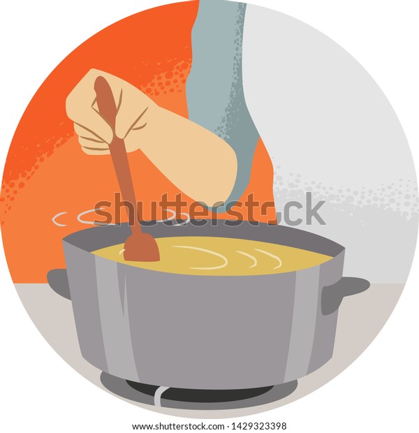 Illustration of a Hand Holding a Wooden Spoon Stirring Soup. Kitchen Verb Stir