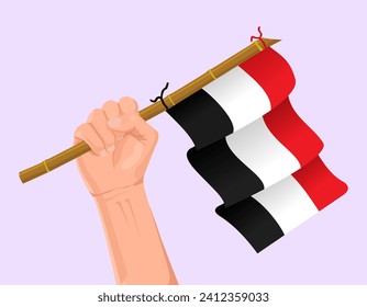 Illustration of a hand holding the Yemeni flag. Hand carrying the Yemeni flag illustration isolated on blue background. Yemen flag in hand icon.