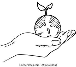 Illustration of a hand holding a young sprout above the earth. Vector of protecting nature and environmental awareness day.	