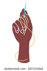 Illustration of hand holds needle and thread. Sewing needlework item. Handicraft and hand made. Feminine creativity hobby and shopping.