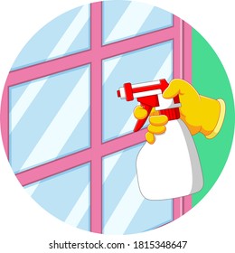 The illustration of the hand holds the spray to clean the window
