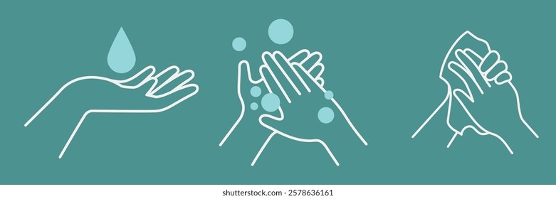 Illustration of hand hygiene steps: washing hands with water, soap, and drying. Emphasizes hand washing, hygiene, and cleanliness with simple line art. Hygiene illustrations, vector set.