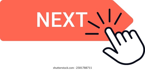 Illustration of a hand icon clicking on a bright orange arrow labeled Next, symbolizing progression, navigation, and digital interaction in user interfaces