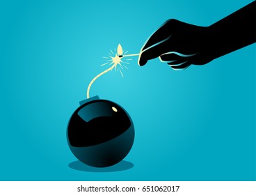 Illustration der Handzündung einer Bombe mit Streichholz
