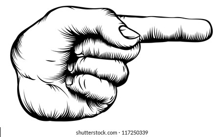 Illustration of a hand indicating or showing direction by pointing a finger in a retro woodblock style