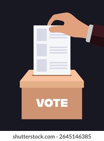 Ilustração de uma mão inserindo uma cédula de papel em uma caixa de votação, ideal para projetos de eleição, consciência de voto, democracia e educação cívica.