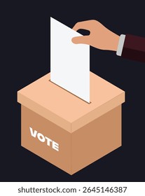 Ilustração de uma mão inserindo uma cédula de papel em uma caixa de votação, ideal para projetos de eleição, consciência de voto, democracia e educação cívica.