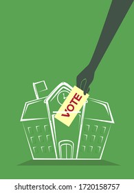 Illustration einer Hand, die ihre Stimme innerhalb einer Wahlurne als Schule geformt. Studentenrat
