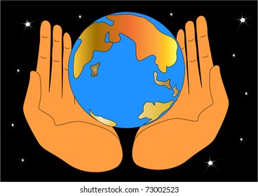 illustration of the hand keeping globe and protecting him(it)