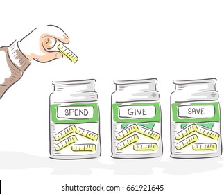 Illustration Of A Hand Of Kid Placing A Coin In Either His Spend, Give And Save Jars