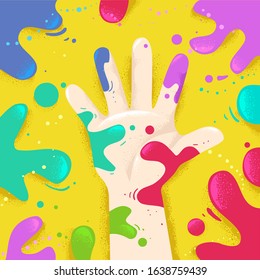 Illustration of a Hand of a Kid with Splats of Colorful Paints