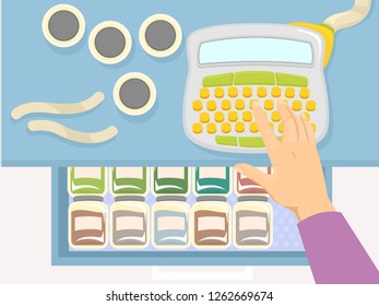 Illustration Of A Hand With A Label Maker And Open Drawer Full Of Containers With Labels For Organizing