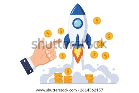 An illustration of a hand launching a blue and white rocket with gold dollar coins emerging from the rocket's exhaust smoke.The image symbolizes business growth,investment success,or financial gains.