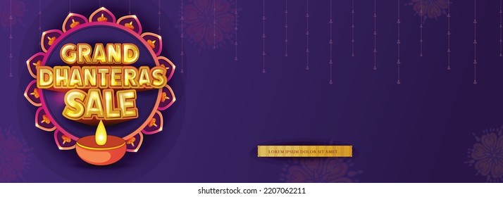 illustration of hand lettring dhanteras sale text with realistic oil lamp on colorful background for Diwali Festival celebration.