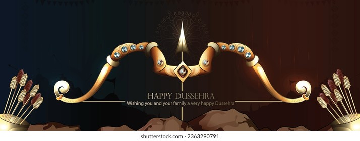 illustration of hand lettring dussehra  text with Bow and Arrow with Traditional background .