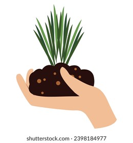 Illustration of a hand lifting a sapling. Hand lifting plant agriculture.
