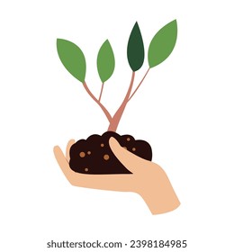 Illustration of a hand lifting a sapling. Hand lifting plant agriculture.