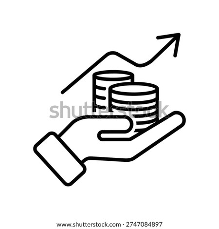 Illustration of a hand lifting a stack of coins with an upward arrow symbolizing financial growth, investment success, and business prosperity in a clean, modern style.