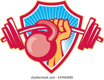 Illustration of a hand lifting weights barbell kettlebell set inside shield crest done in retro style.