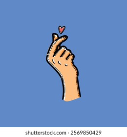 Illustration of a hand making a gesture symbolizing love, with a small heart above it against a blue backdrop. This image conveys themes of affection, emotion, and connection.