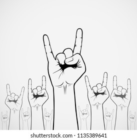 illustration of a hand making the horns, rock and roll and heavy hand, vectorized drawing
