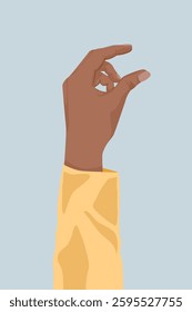 Illustration of a hand making an 'OK' gesture. The hand is shown against a light blue background, wearing a yellow sleeve. The gesture is clearly depicted. Minimal illustration vector.