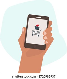 
Illustration of a hand making an order on the phone. Mobile Shopping Button with Shopping Cart on Smartphone Screen, Business on line Shopping and E-marketing on Mobile Vector Illustration