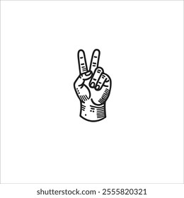 Illustration of Hand Making Peace Sign with Vintage Style Details. Black and white illustration depicting a hand making the peace sign.