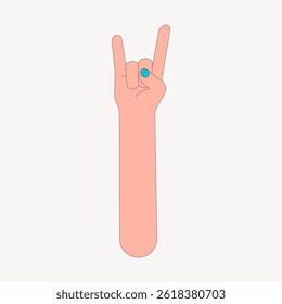 Illustration of a hand making a rock and roll gesture. Simple, minimalist design with a blue nail polish. Rock and roll hand sign, minimalist style. Arm illustration, isolated vector.
