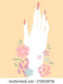 Illustration of a Hand with Manicured Fingernails with Red Nail Polish and Flowers