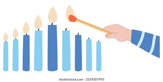 An illustration of a hand with a matchstick lighting up a menorah candle. Happy Hanukkah celebration.