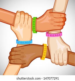 Illustration Of Hand Of Multiracial People Wearing Friendship Band