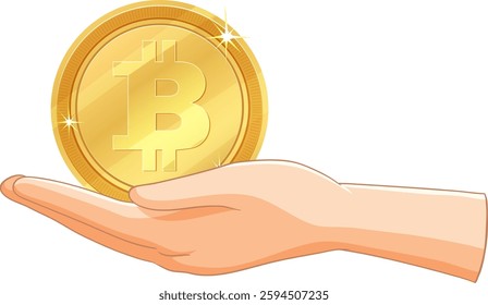 Illustration of a hand offering a Bitcoin coin