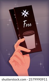 Illustration of a hand offering two vintage-style vouchers for free coffee for marketing or advertising purposes. Purple background with coffee cup graphic and sparkles