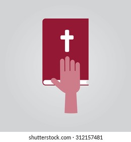 Illustration of hand on bible. 