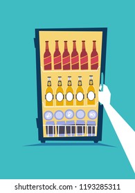 Illustration of a Hand Opening a Fridge Full of Bottles and Cans of Beer