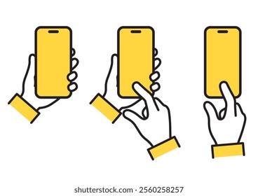 Illustration of a hand operating a cell phone. cellular phone, mobile phone, smartphone.