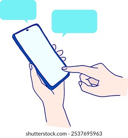 Ilustración de una mano operando un teléfono inteligente y una burbuja de discurso